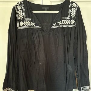 Long Sleeve JCrew Embroidered Tie Neck Top - Black/White